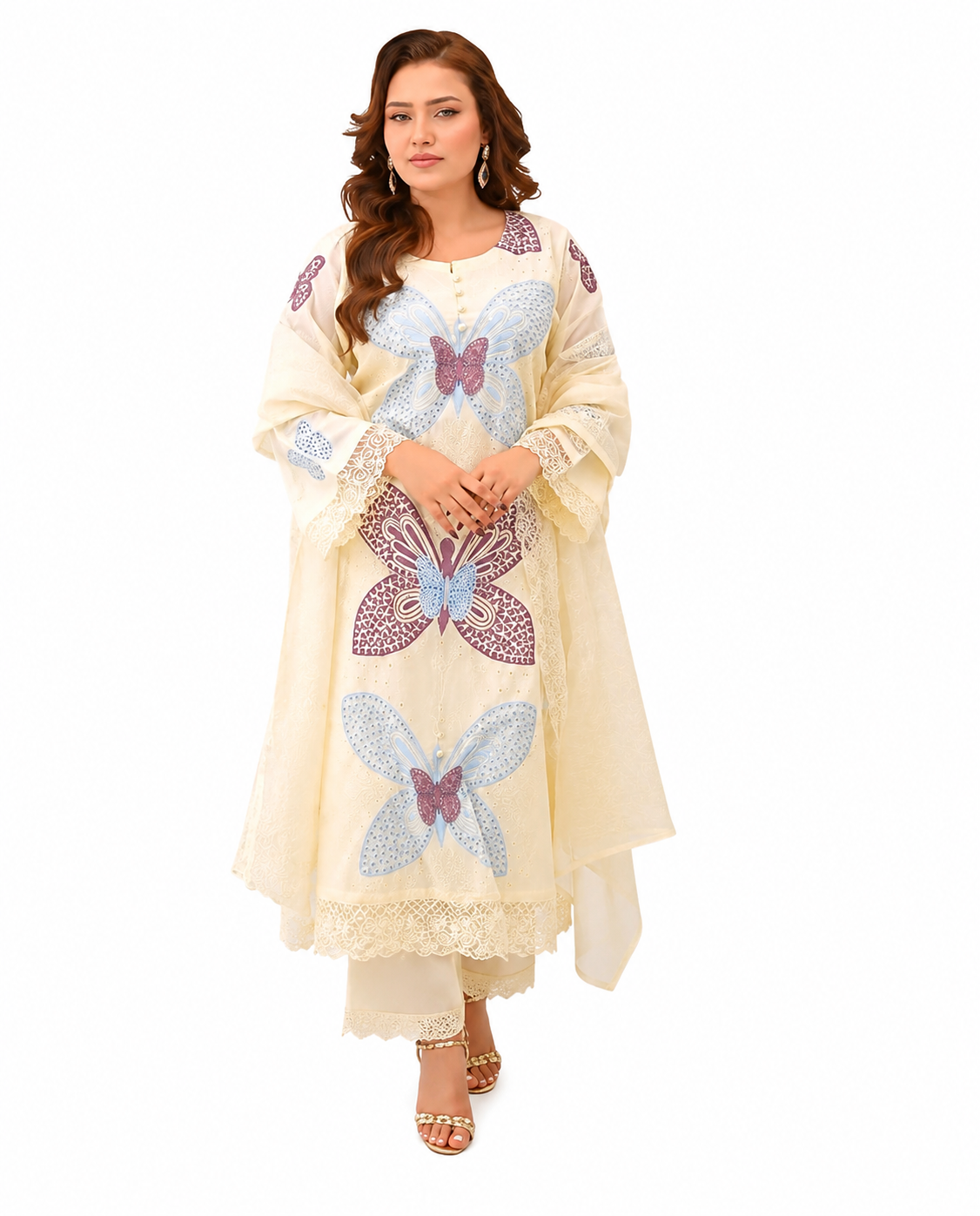 Elegant Cream Butterfly Embroidered 3-Piece Lawn Suit with Lace Details