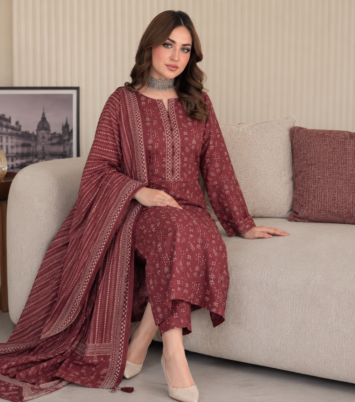 Bin Saeed 3PC Printed Lawn Suit – Dusty Rose Elegance