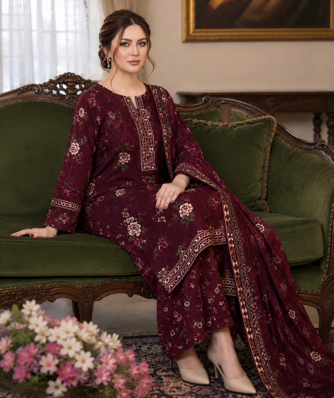 Bin Saeed 3PC Lawn Suit – Deep Plum Floral Printed Collection