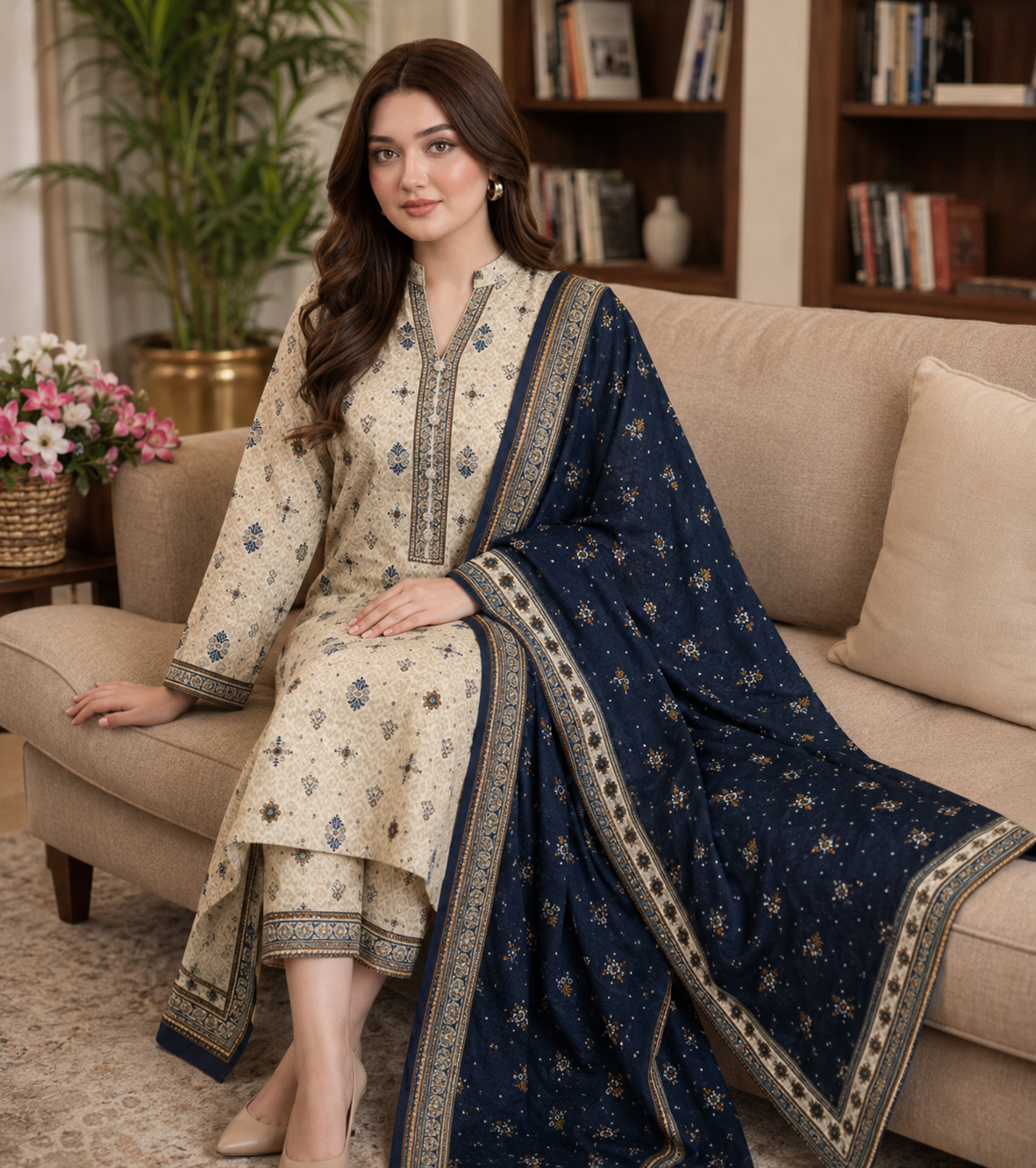 Bin Saeed 3PC Lawn Suit – Beige & Navy Printed Collection