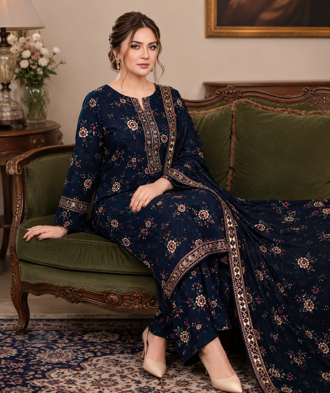Midnight Bloom Printed 3PC Lawn Suit – Navy Blue Floral Elegance