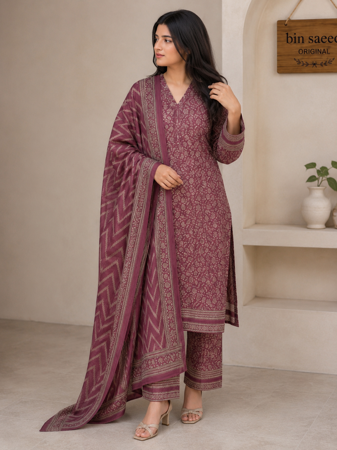 Rosewood Mauve Printed 3PC Lawn Suit – Elegant Everyday Wear