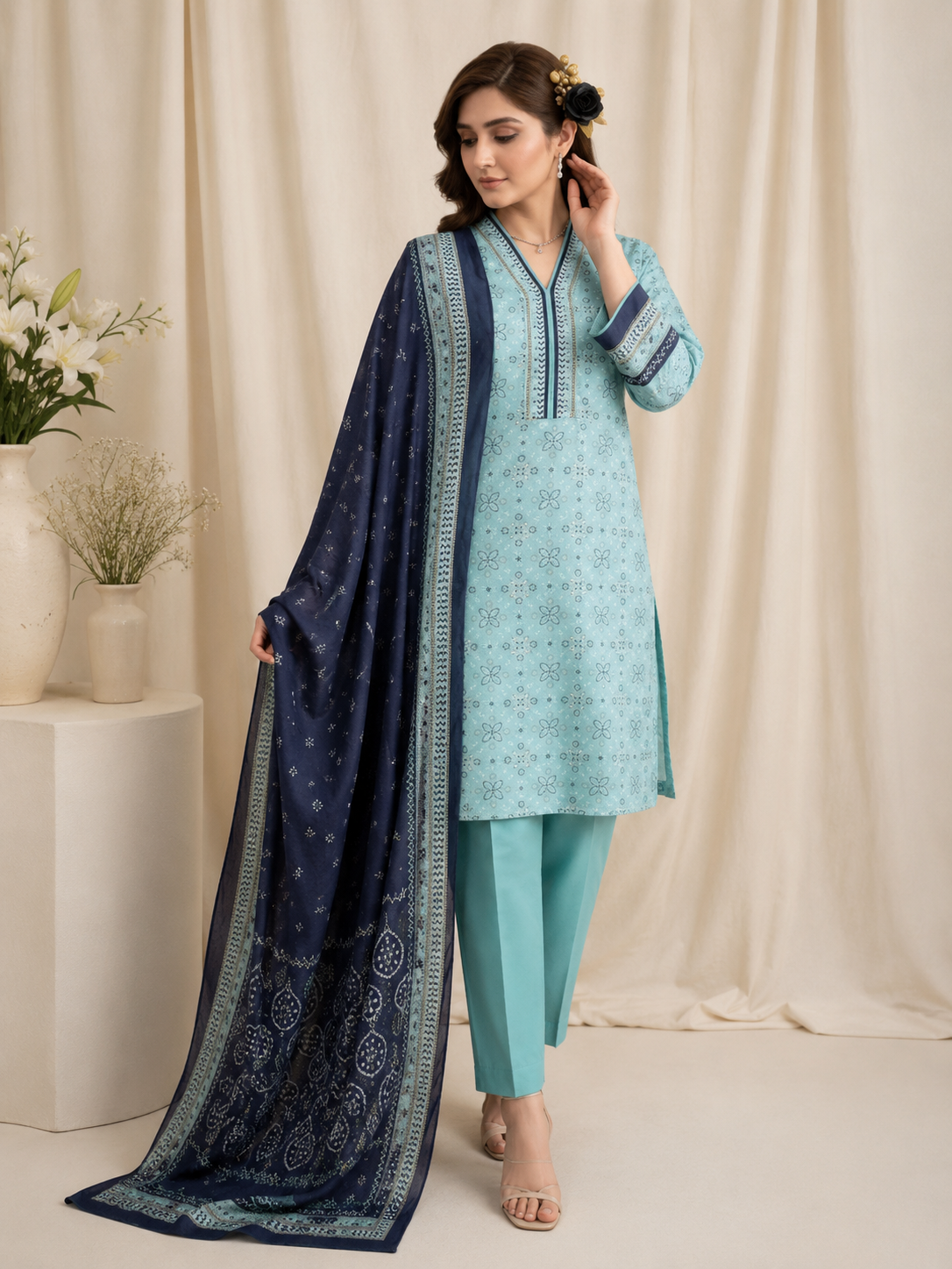 Bin Saeed 3PC Lawn Suit – Sky Blue & Navy Floral Printed Collection