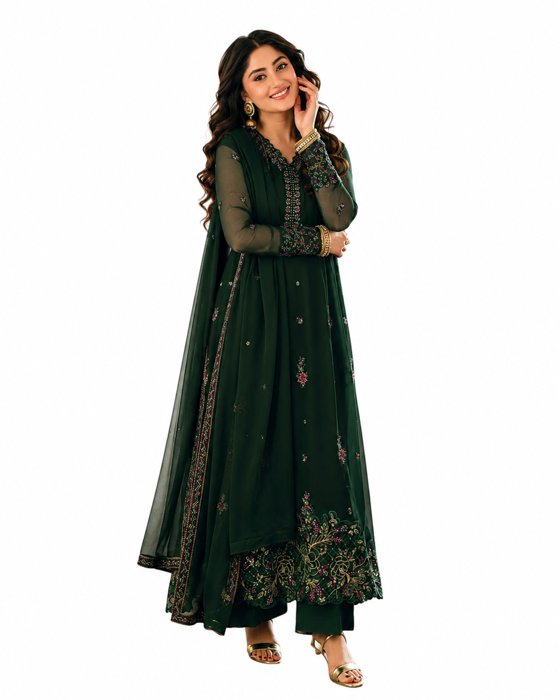 Azure Glimmer Green Premium Embroidered Luxury Lawn 3 Piece Suit | AK-3422