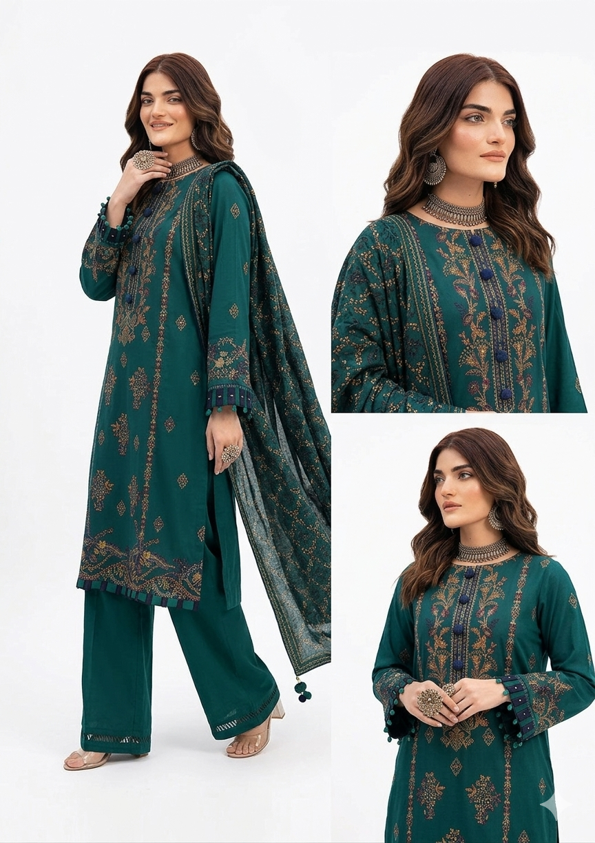 Ramsha Premium Embroidered Luxury Lawn – Deep Teal Forest