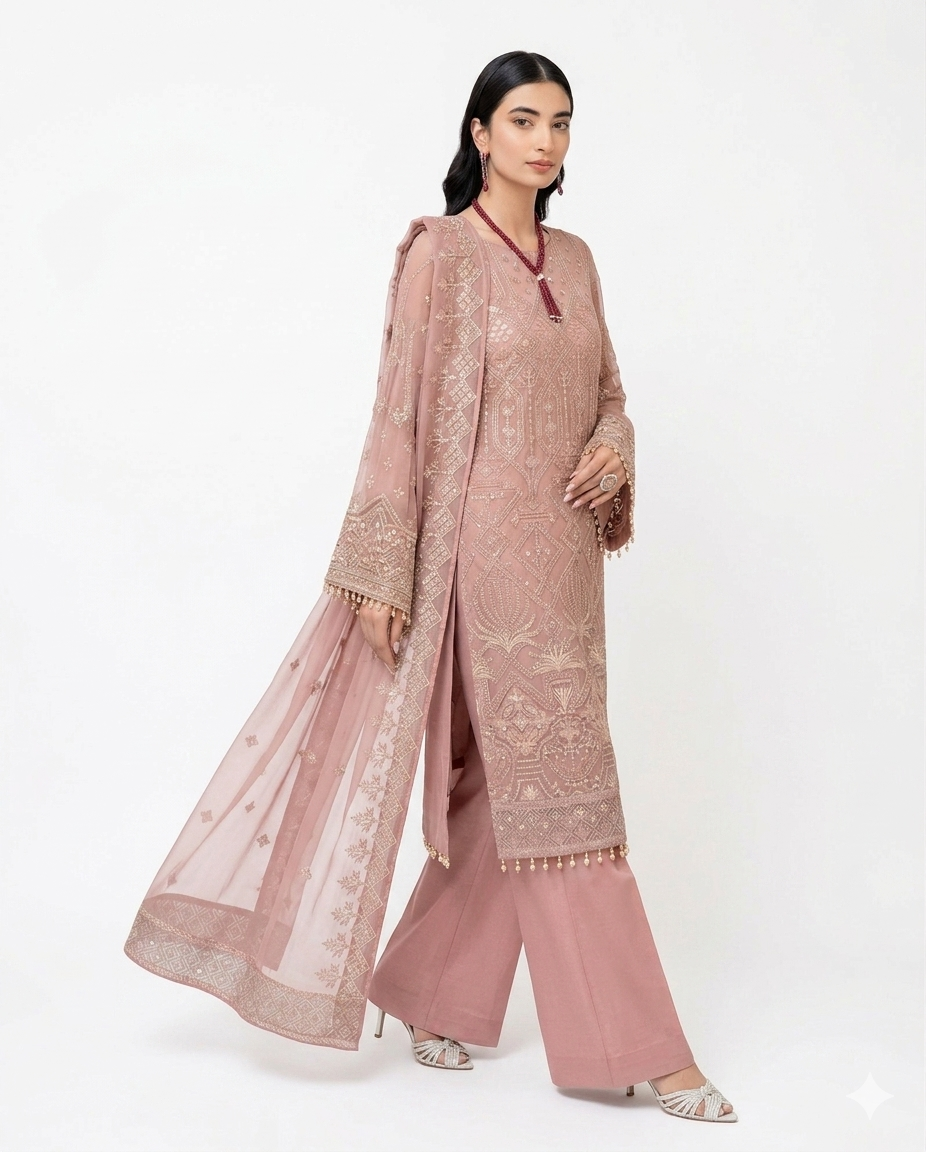 Flossie Premium Luxury Embroidered Lawn – Tea Rose Elegance