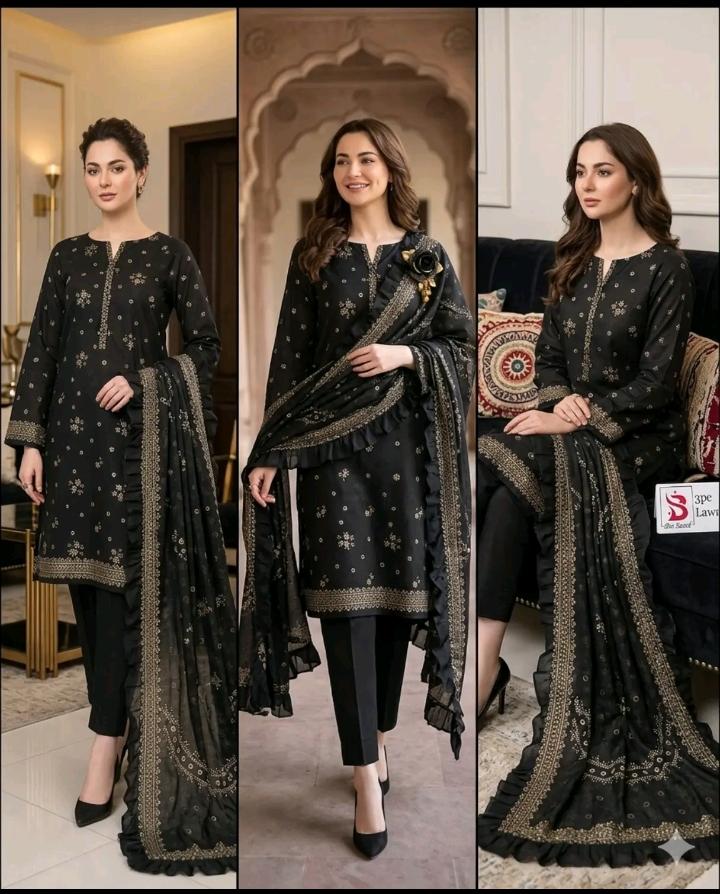 Bin Saeed 3 Piece Lawn Suit – Classic Black Embroidered Floral Collection