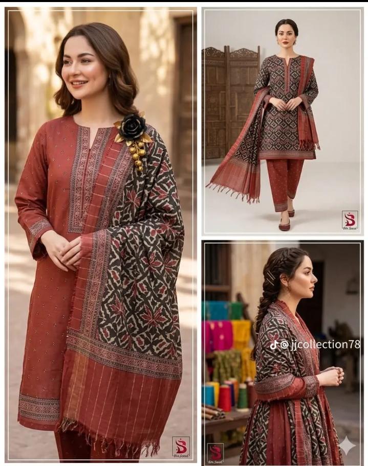Bin Saeed 3 Piece Lawn Suit – Rust Brown Ethnic Printed Collection