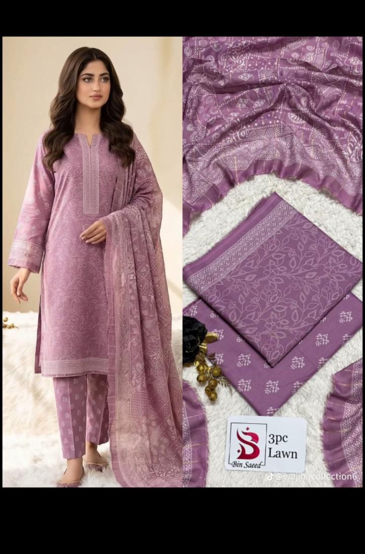 Bin Saeed 3 Piece Lawn Suit – Elegant Dusty Lilac Printed Collection