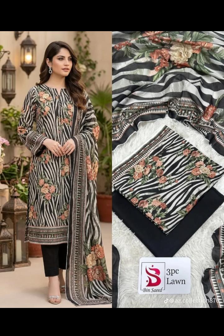 Bin Saeed 3 Piece Lawn Suit | Floral Zebra Print Summer Collection