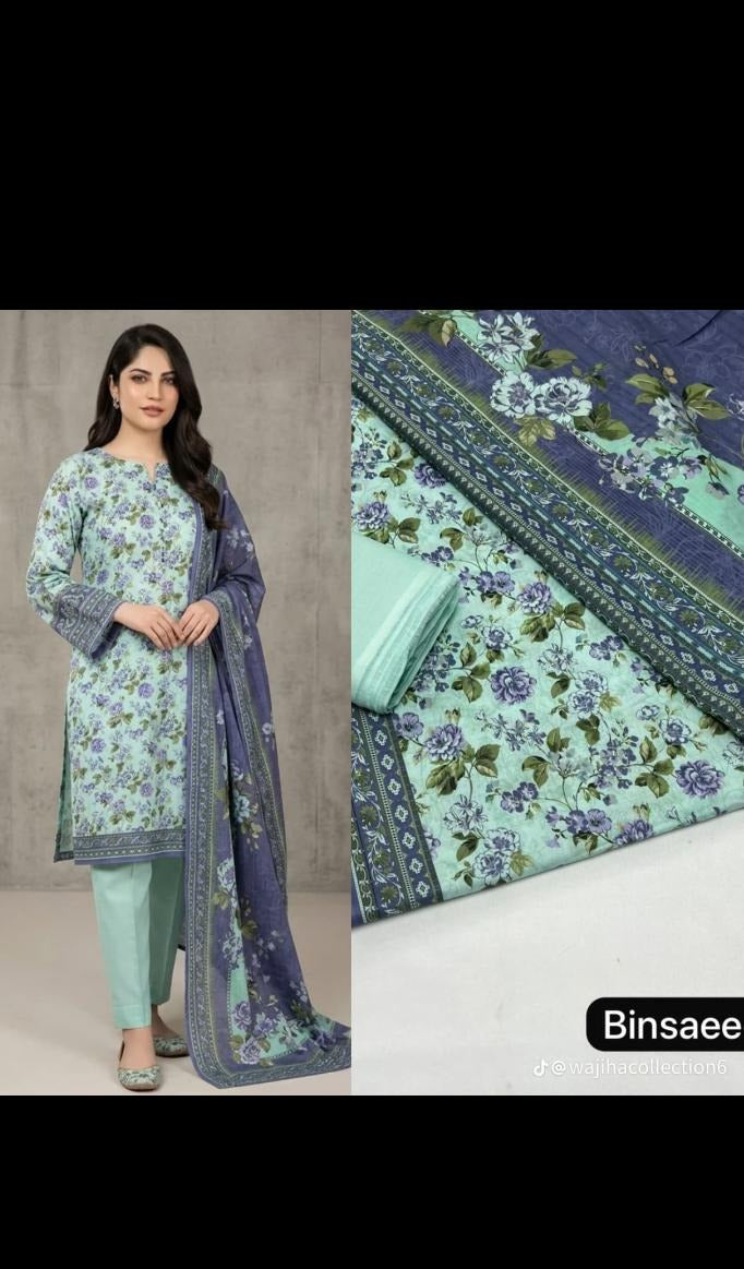 Bin Saeed 3 Piece Lawn Suit | Mint Green & Lavender Floral Summer Collection