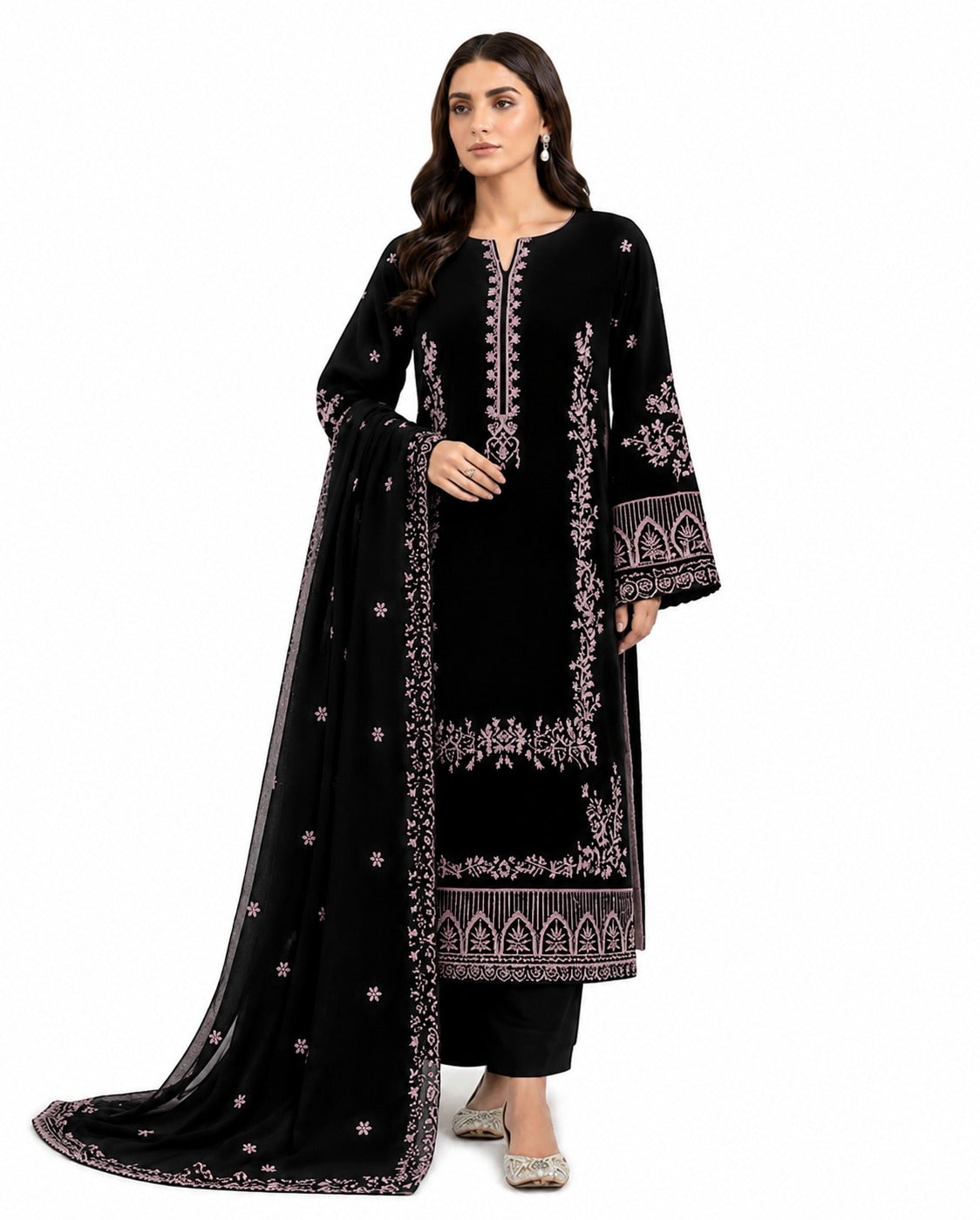 Elegant Black Embroidered 3-Piece Lawn Suit with Contrast Pink Threadwork