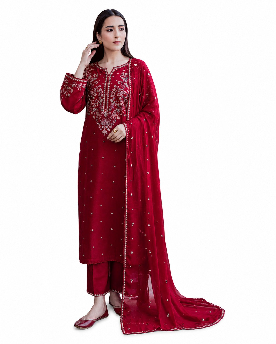 Elegant Deep Maroon Embroidered 3-Piece Traditional Suit Set