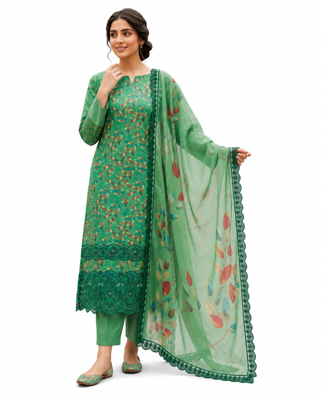 Emerald Breeze – Green Printed & Embroidered Suit Set