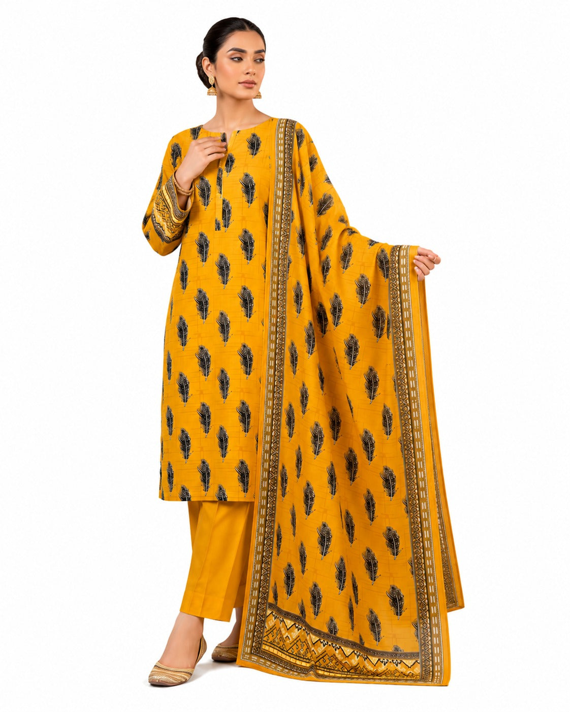 Golden Mustard – Ethnic Printed Three-Piece Suit