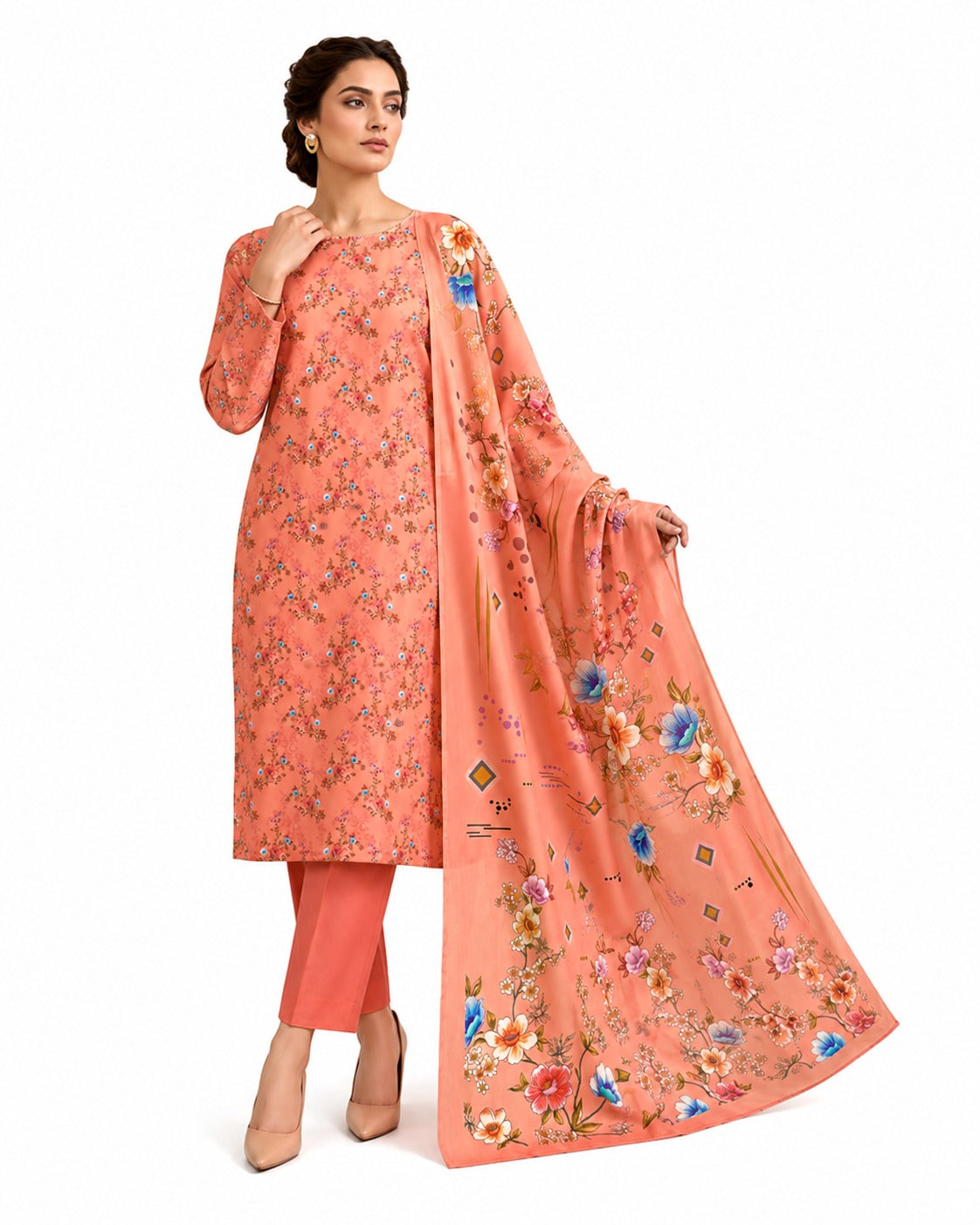Peach Blossom – Floral Printed Three-Piece Suit
