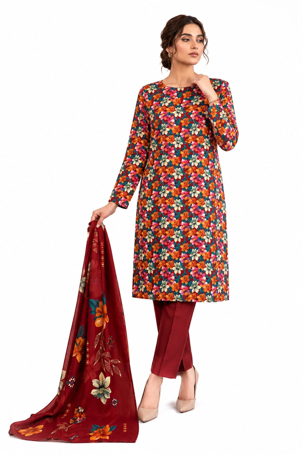 Crimson Bloom – Vibrant Floral Printed Three-Piece Suit