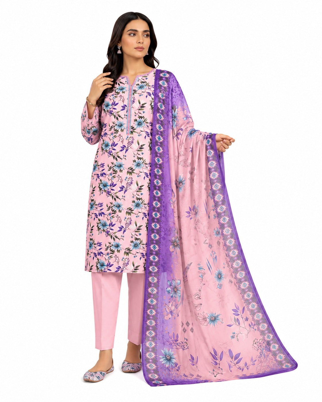 Blossom Charm – Pink Floral Printed Three-Piece Suit