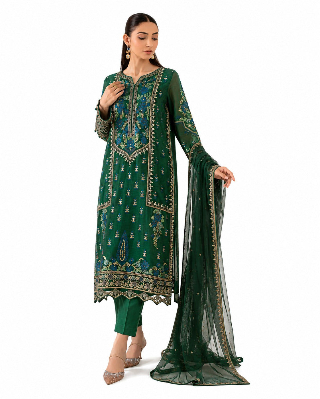 Emerald Grace – Embroidered Green Traditional Suit