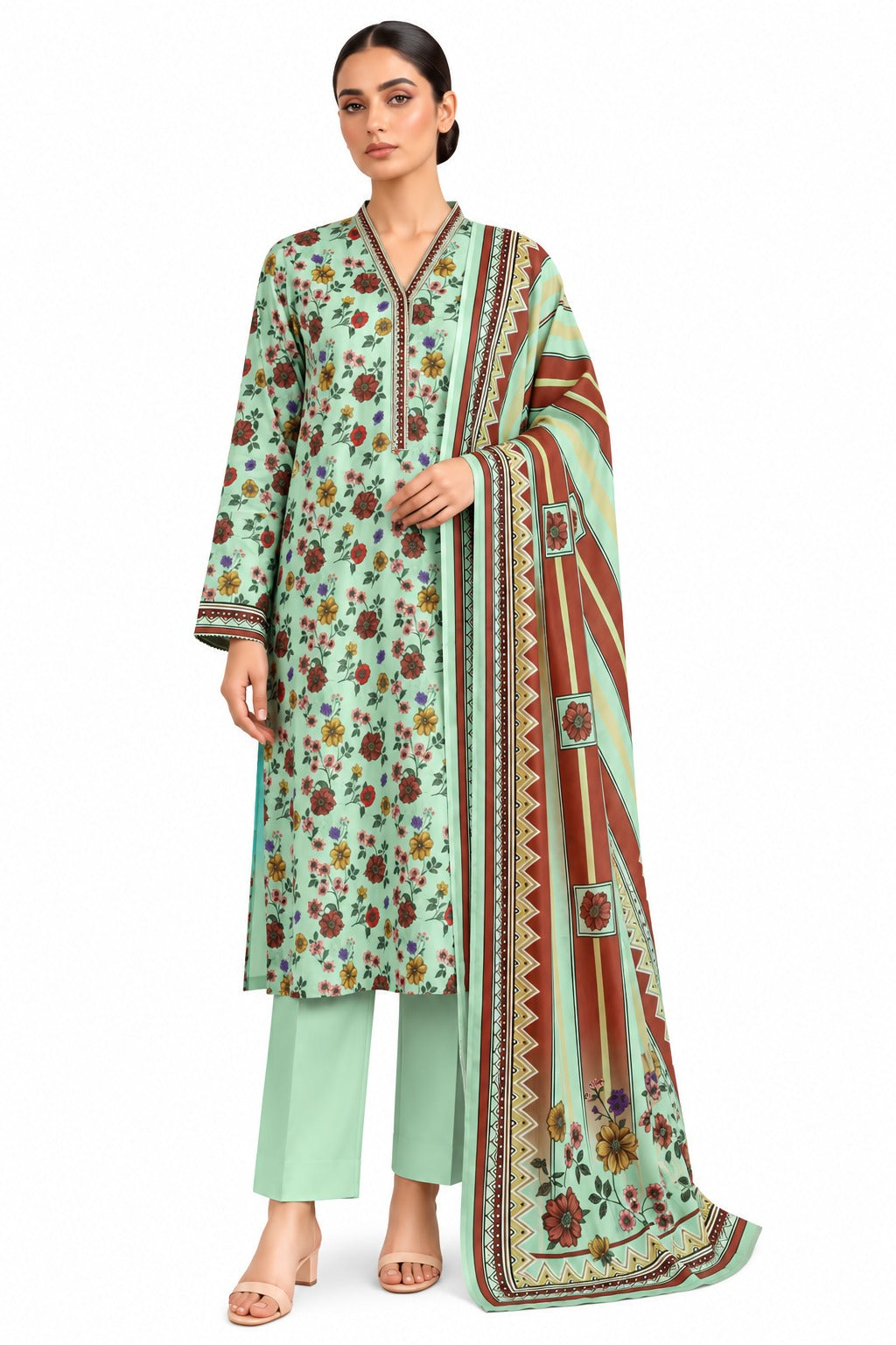 Mint Blossom Printed 3-Piece Lawn Suit