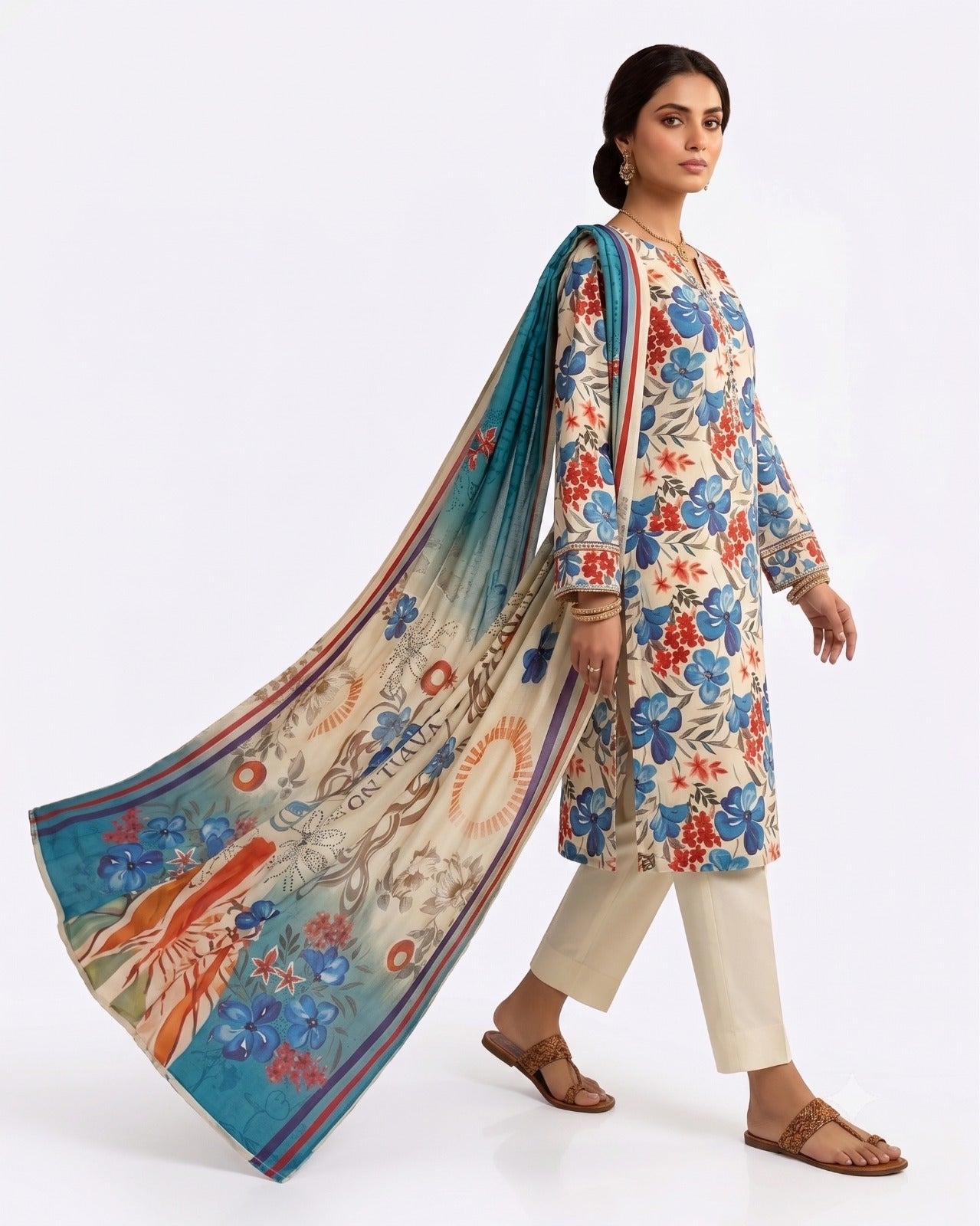 Elegant Floral Printed 3-Piece Unstitched Lawn Suit with Designer Dupatta