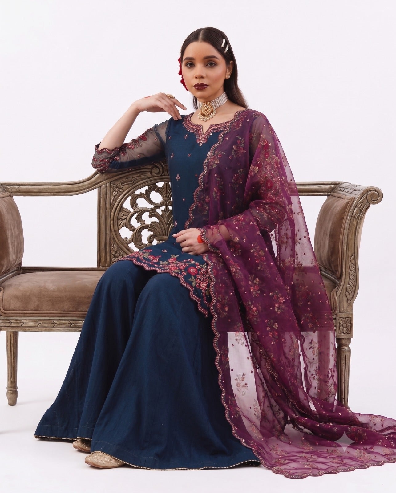 Midnight Bloom Embroidered 3-Piece Festive Suit
