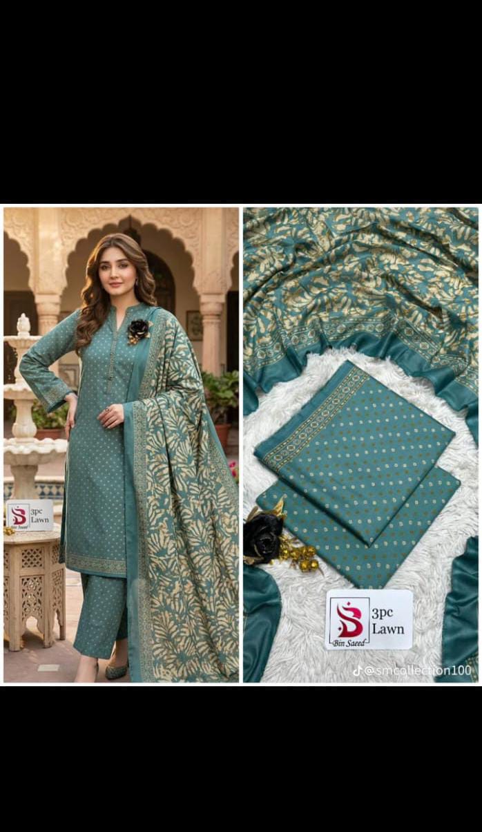 Elegant Teal 3-Piece Printed Lawn Suit with Floral Dupatta