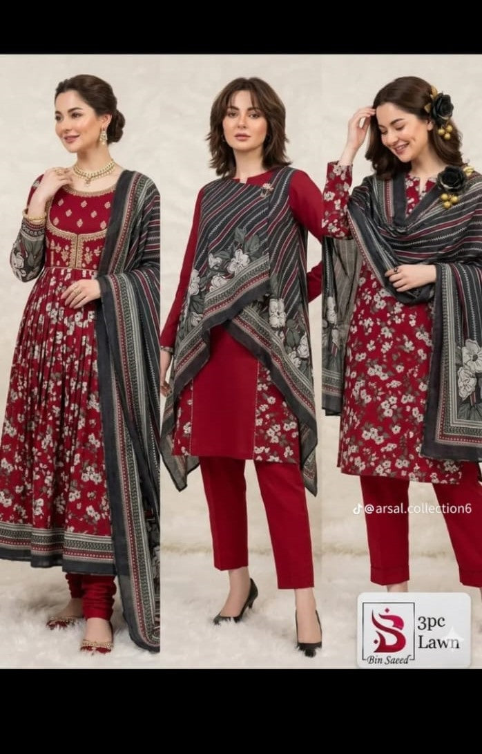 Title: Elegant Crimson Floral 3PC Lawn Suit with Printed Dupatta
