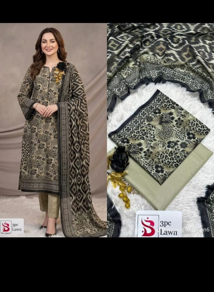 Bin Saeed Signature 3-Piece Lawn Collection – Olive Khaki & Ebony Fusion