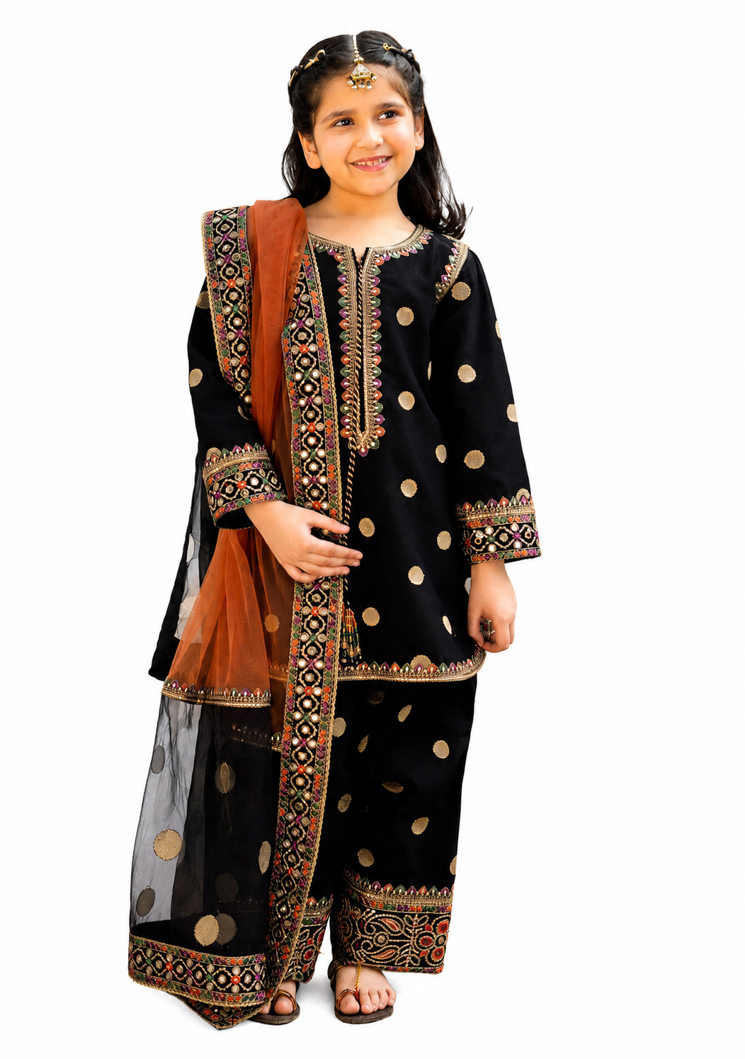 Midnight Charm Kids Embroidered Lawn 2-Piece Suit – Black & Rust Elegance