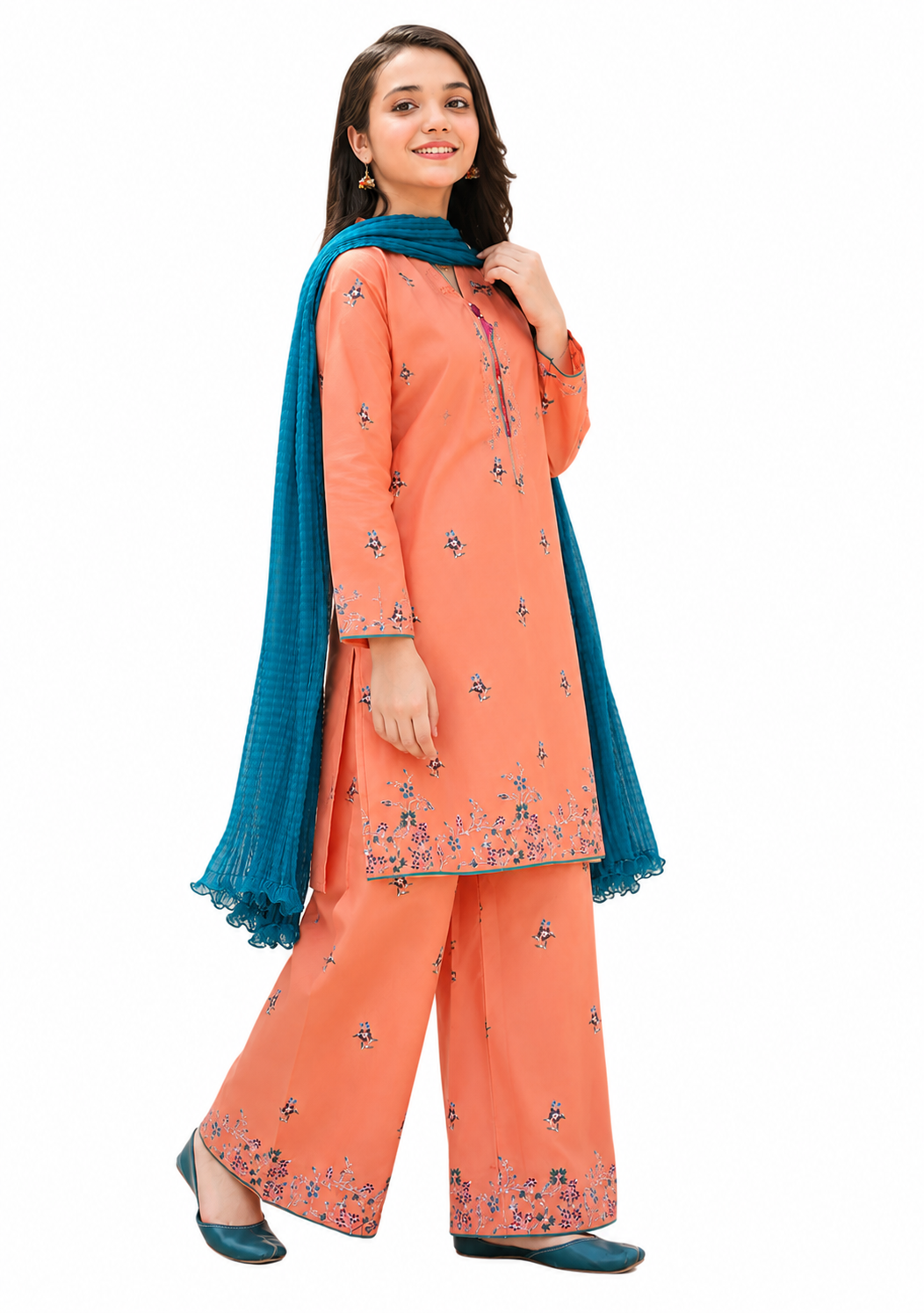 Peach Blossom Kids Embroidered Lawn 2-Piece Suit – Peach & Teal Grace