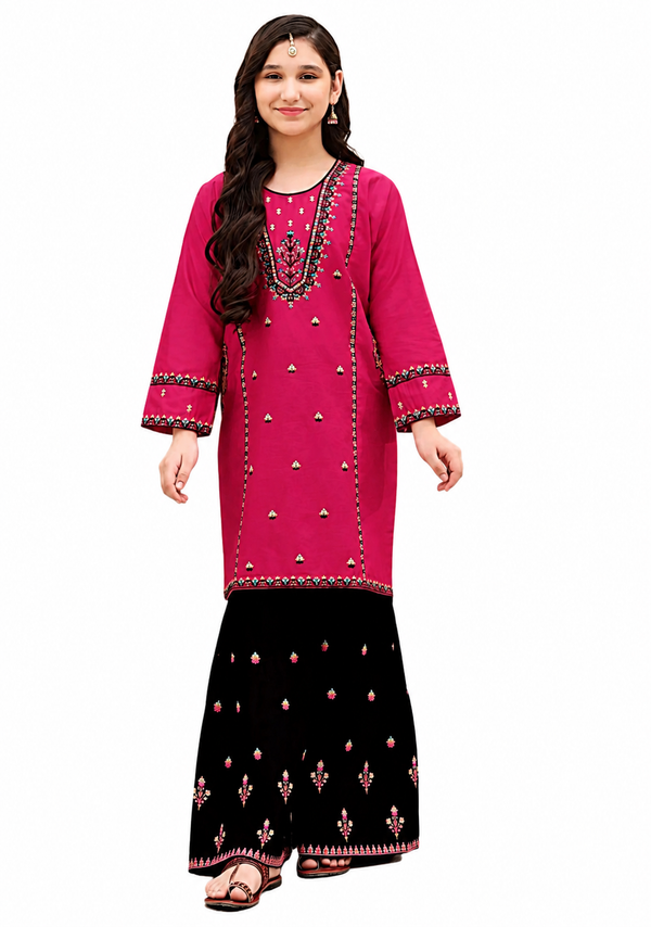 Ruby Grace Kids Embroidered Lawn 2-Piece Suit – Magenta & Black Elegance