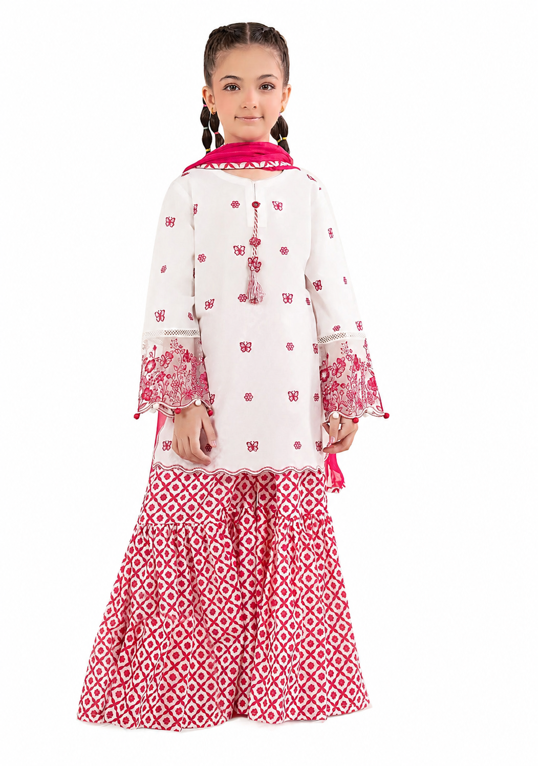 Blossom Grace – White & Pink Embroidered Kids Lawn 2-Piece Set