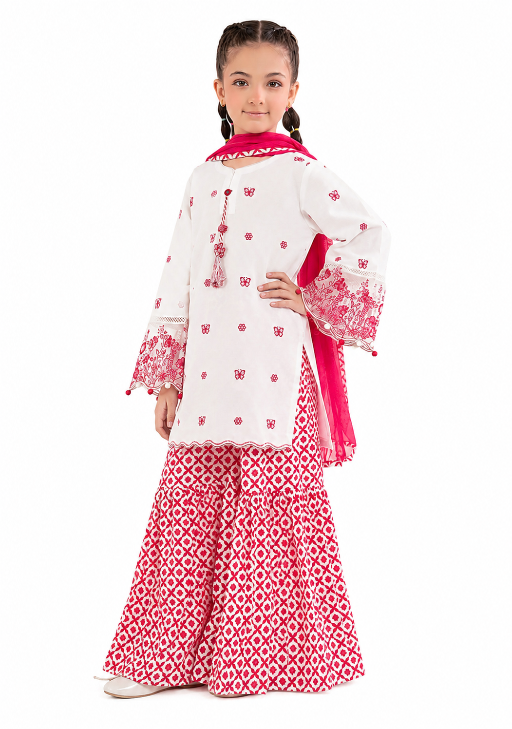 Blossom Grace – White & Pink Embroidered Kids Lawn 2-Piece Set