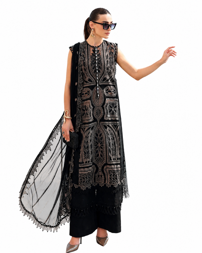 Elegant Black Embroidered Luxury Lawn Suit with Sheer Dupatta