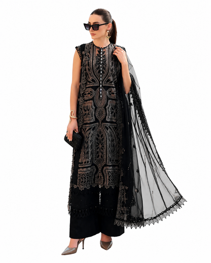 Elegant Black Embroidered Luxury Lawn Suit with Sheer Dupatta