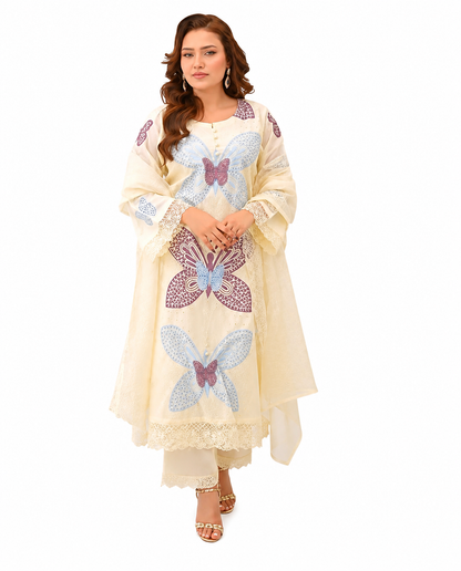 Elegant Cream Butterfly Embroidered 3-Piece Lawn Suit with Lace Details