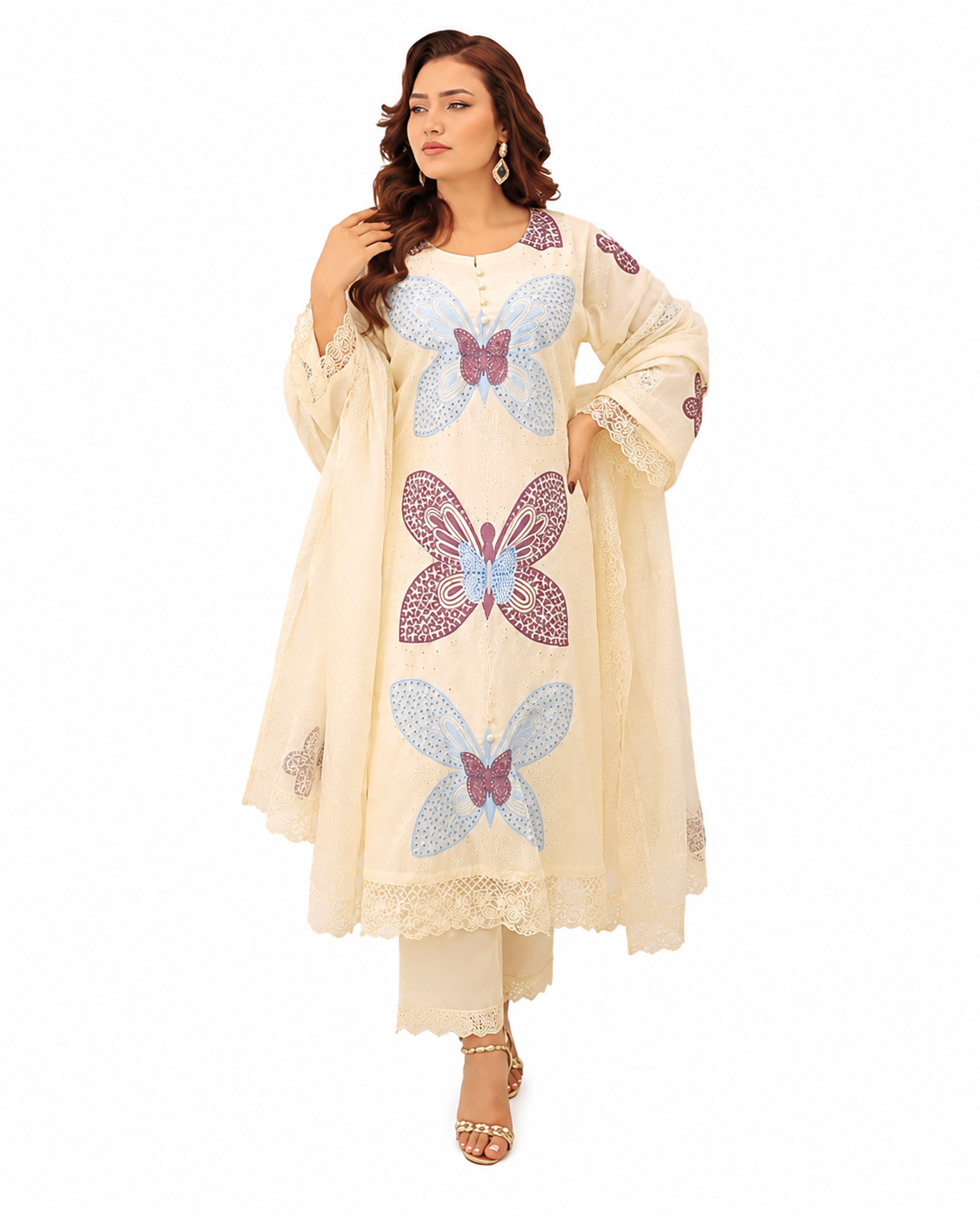 Elegant Cream Butterfly Embroidered 3-Piece Lawn Suit with Lace Details
