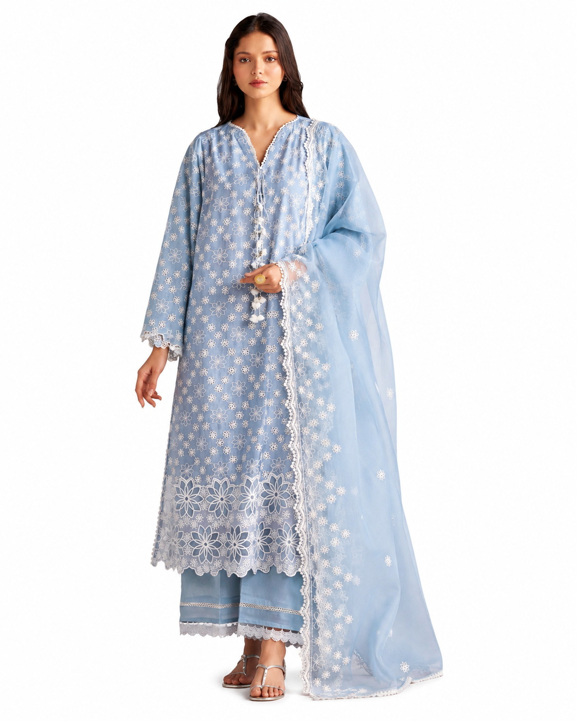 Sky Blossom – Powder Blue Embroidered Luxury Suit Set
