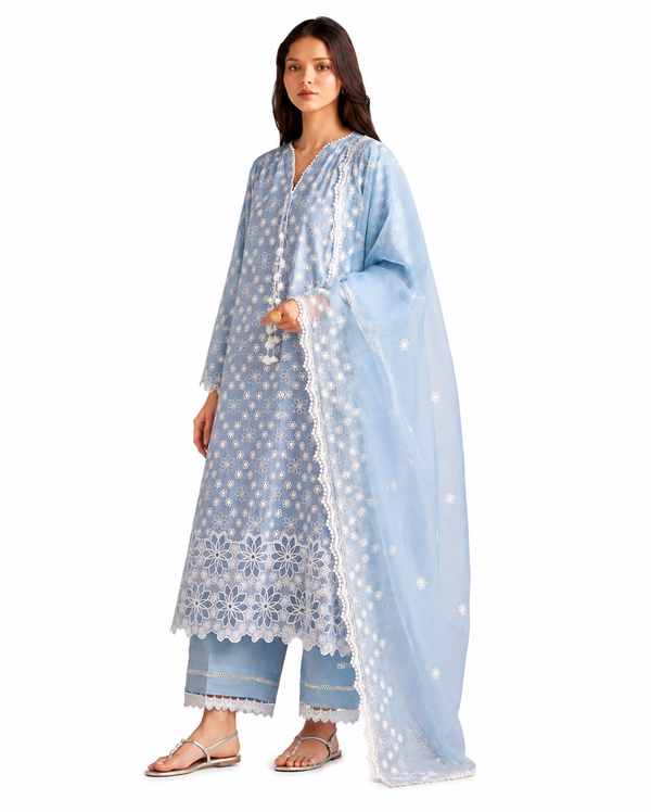 Sky Blossom – Powder Blue Embroidered Luxury Suit Set