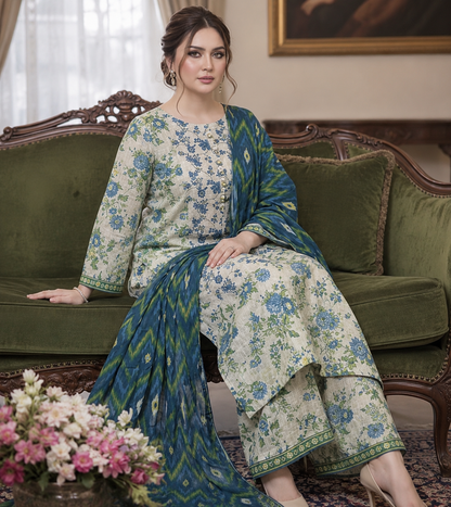 Bin Saeed Original 3 Piece Printed Lawn Suit – Blue & Ivory Floral Collection