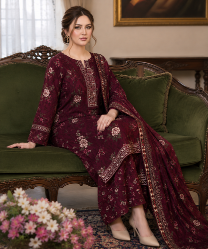 Bin Saeed 3PC Lawn Suit – Deep Plum Floral Printed Collection