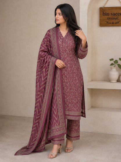 Rosewood Mauve Printed 3PC Lawn Suit – Elegant Everyday Wear