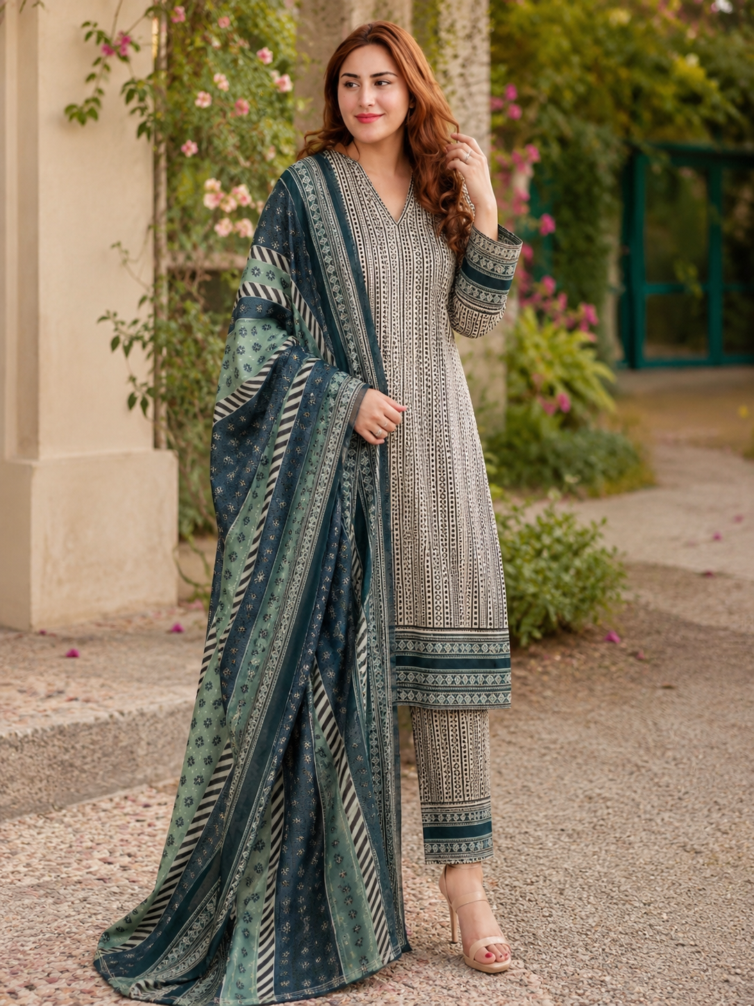 Teal Grey Geometric Printed 3PC Lawn Suit – Modern Classic Collection