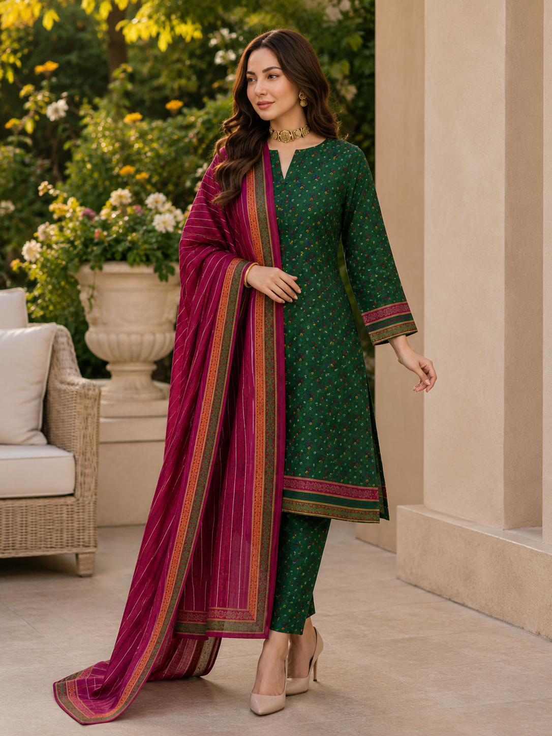 Bin Saeed 3PC Lawn Suit – Emerald Green with Magenta Printed Dupatta