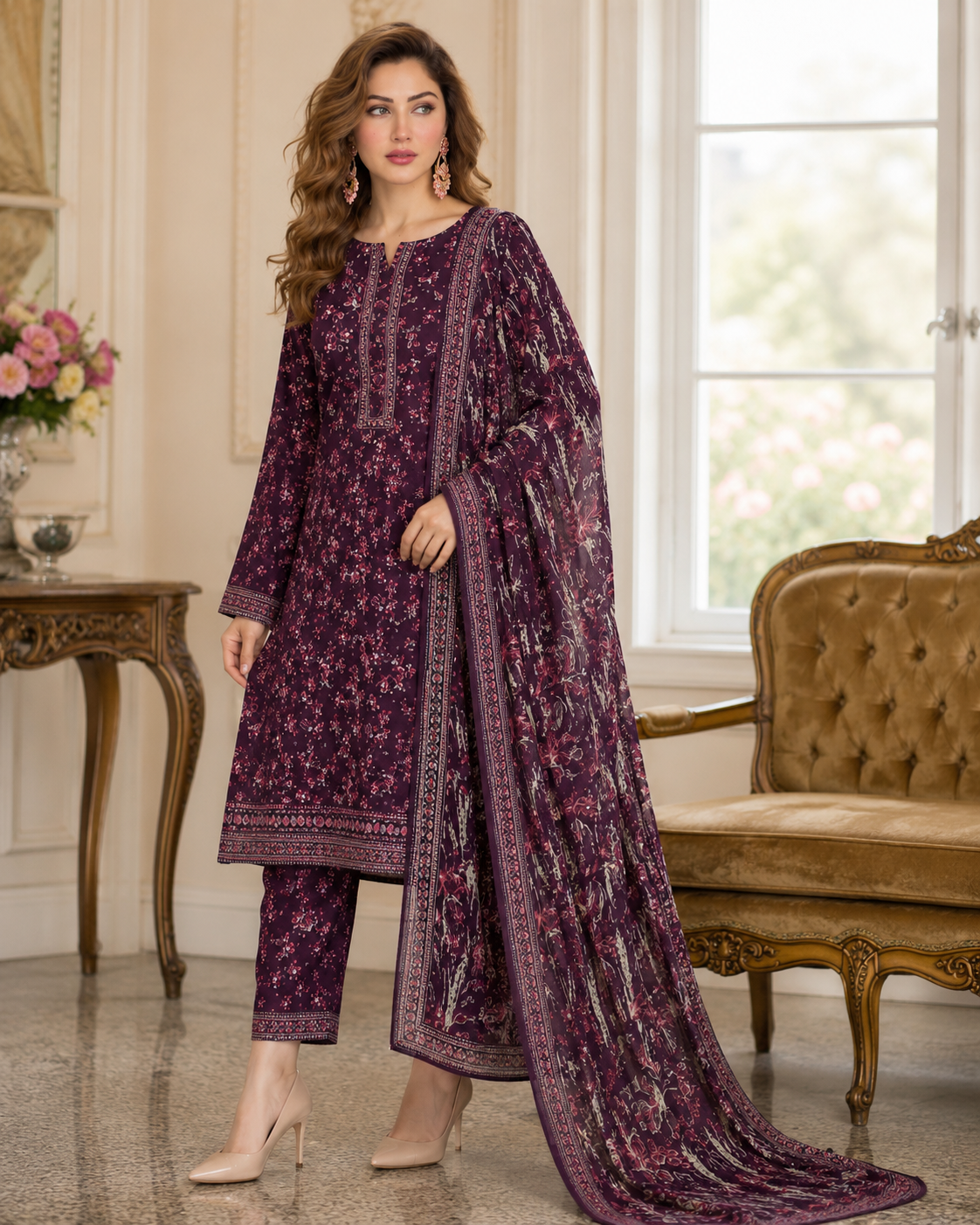 Bin Saeed 3PC Lawn Suit – Plum Purple Floral Printed Collection