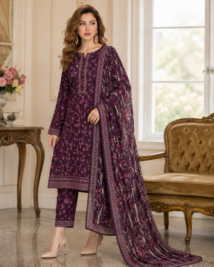 Bin Saeed 3PC Lawn Suit – Plum Purple Floral Printed Collection