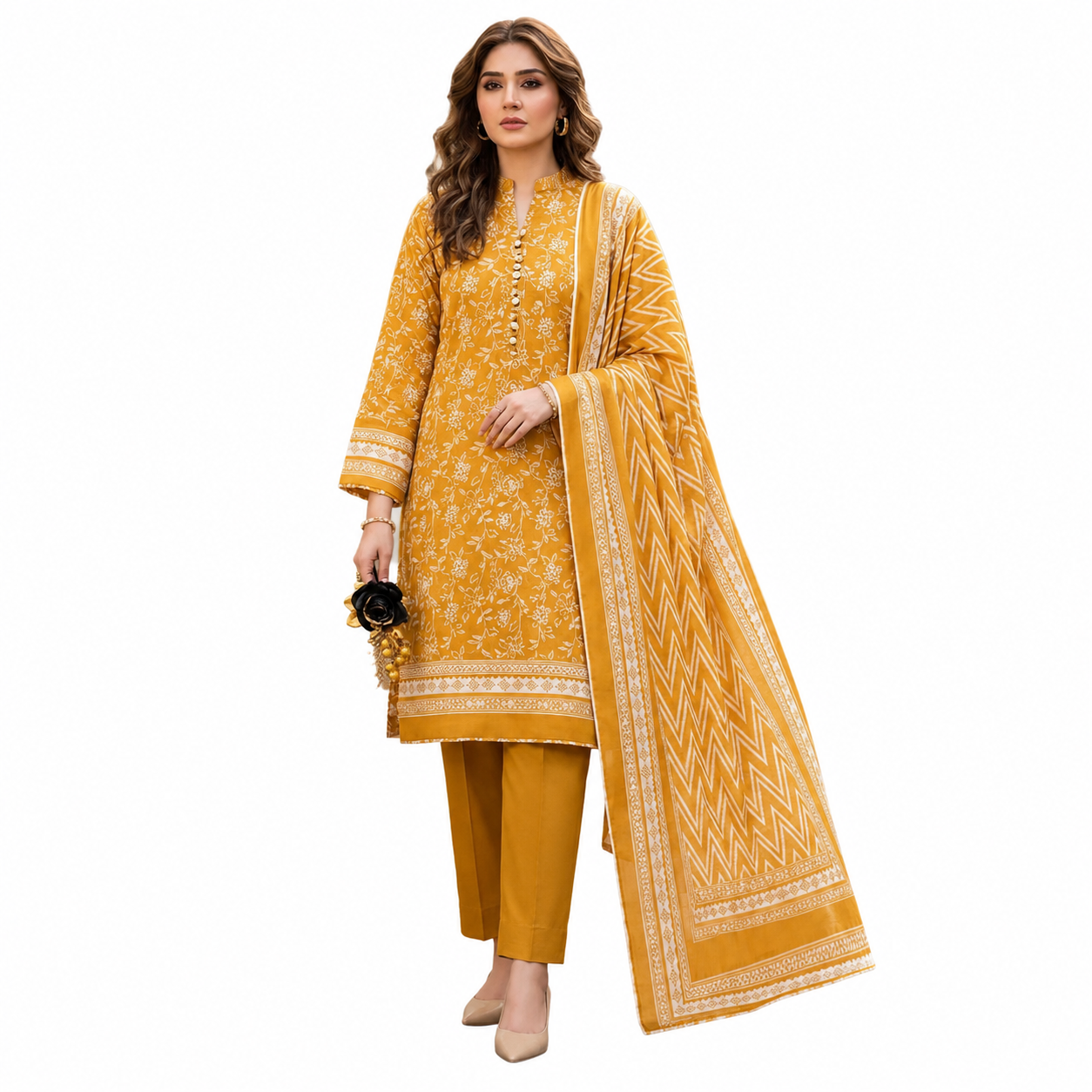 Golden Mustard Floral Lawn Suit