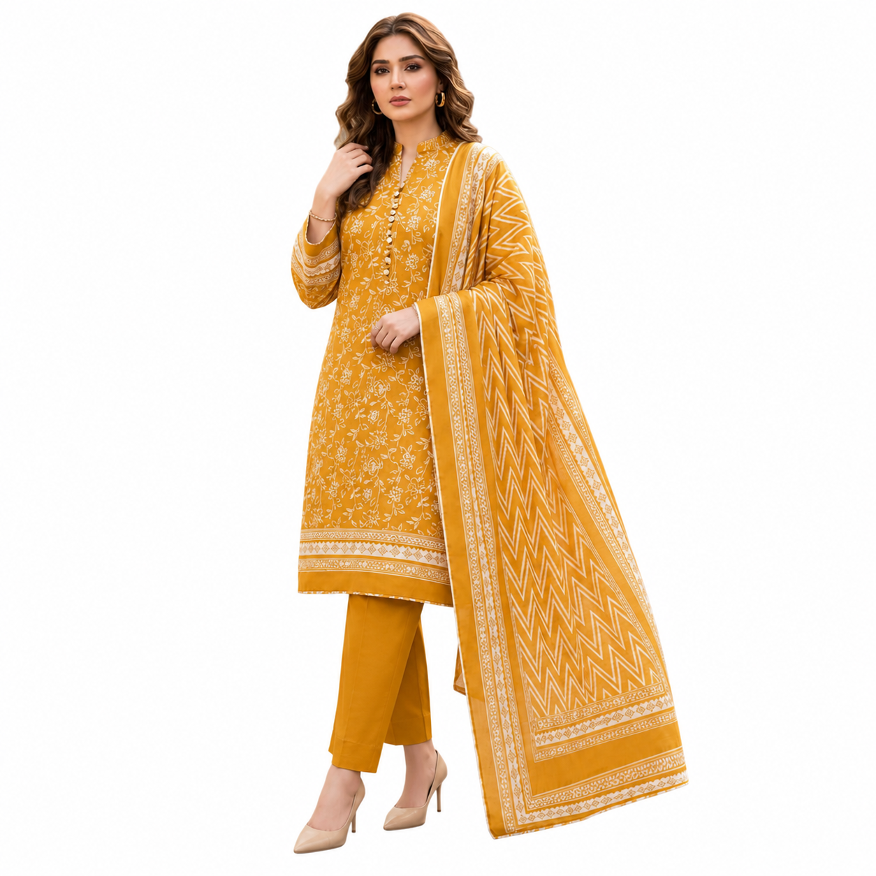 Golden Mustard Floral Lawn Suit