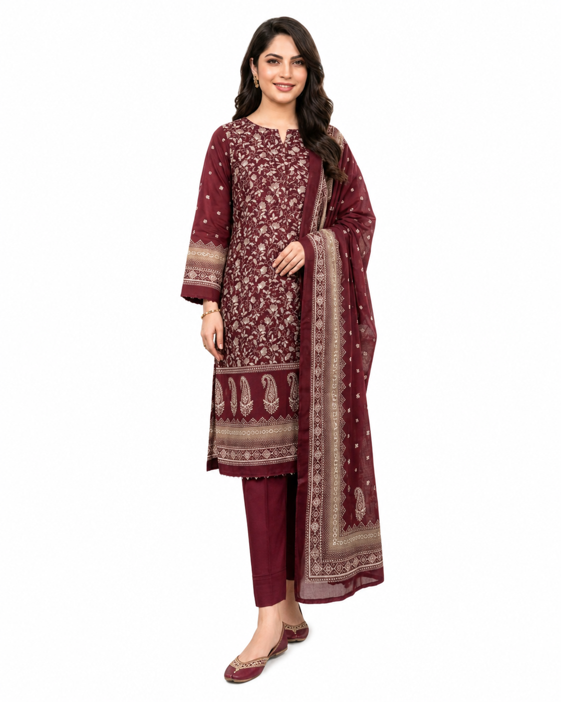 Royal Maroon Floral Lawn Suit